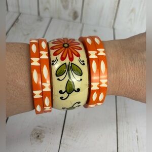 Carved Painted Wooden Bangle Bracelets Set Of 5 Orange Boho Floral Festival